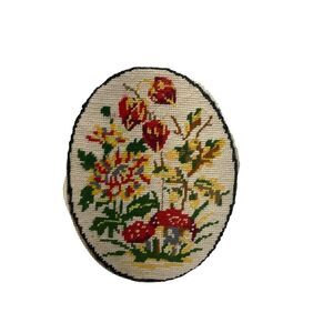 Vintage Needlepoint‎ plaque Oval Floral Red Yellow 10" x 8" Mounted on wood Wall